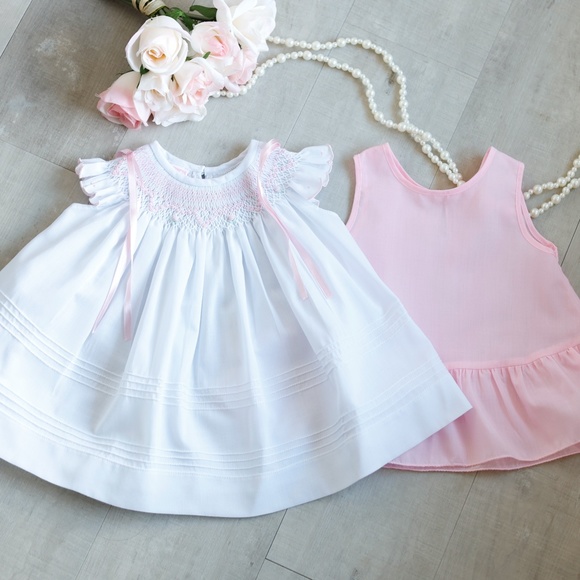 Newborn Smocked Dress White Pink Embroidery Will'beth Spring Portrait NWT - Picture 3 of 10